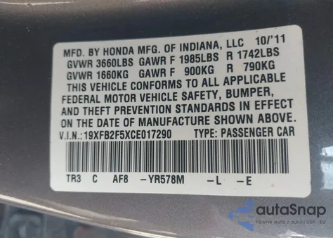 2012 Honda Civic Lx z USA, uszkodzony, nr VIN 19XFB2F5XCE017290